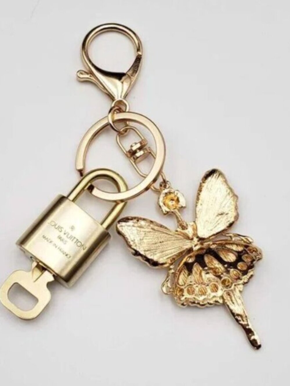Authentic LV Gold Padlock & Key 🔑 Designer Bag Charm w/ Unbranded Fairy Charm - Picture 2 of 7